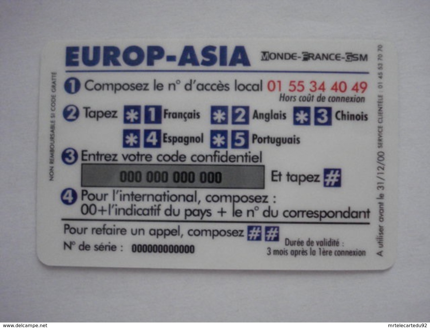 Carte Prépayée Française " Europ-Asia " (carte D'essai). Petit Prix ! - Per Cellulari (ricariche)