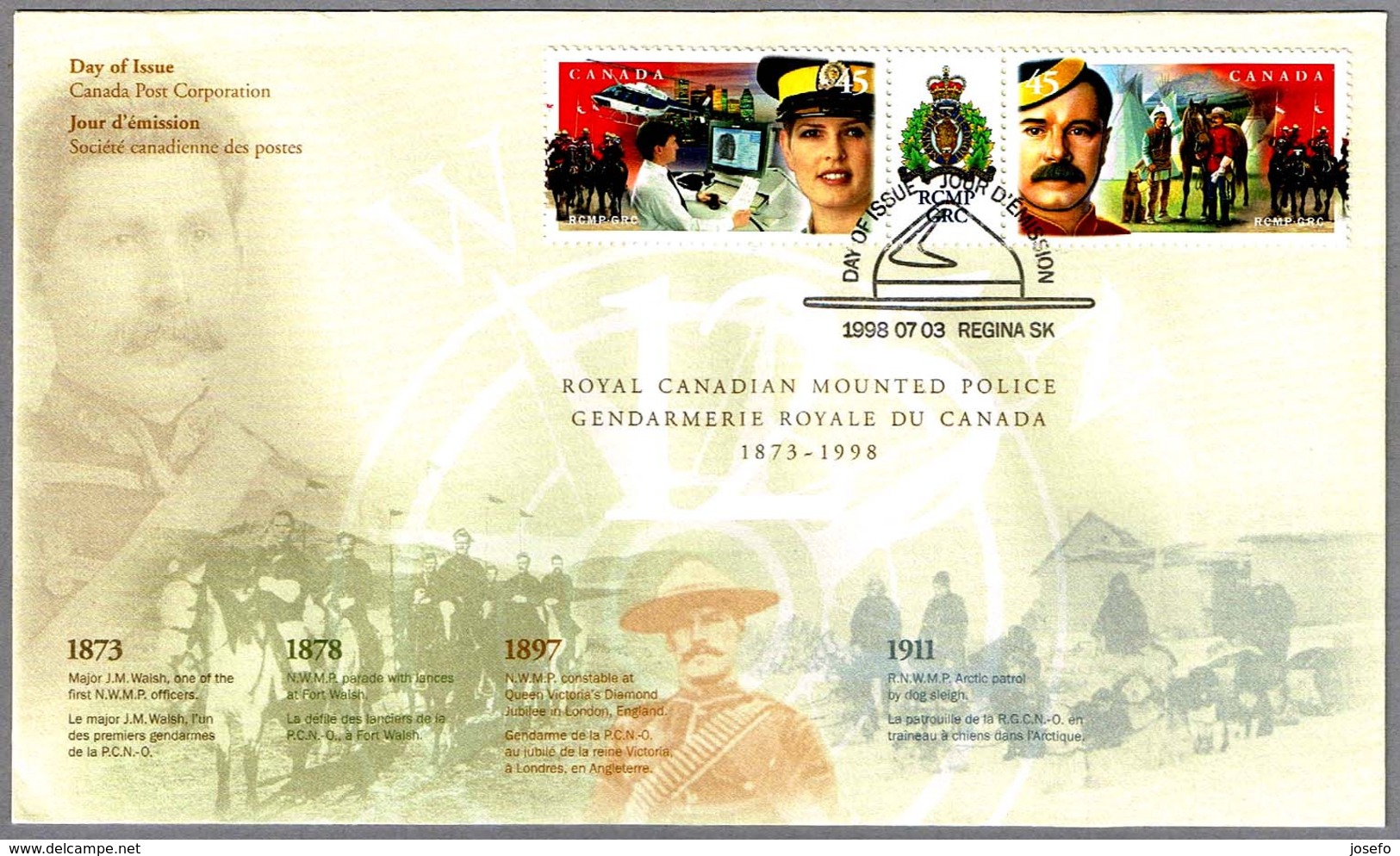 125 Años POLICIA MONTADA DEL CANADA - ROYAL CANADIAN MOINTED POLICE. SPD/FDC Regina 1998 - Police - Gendarmerie