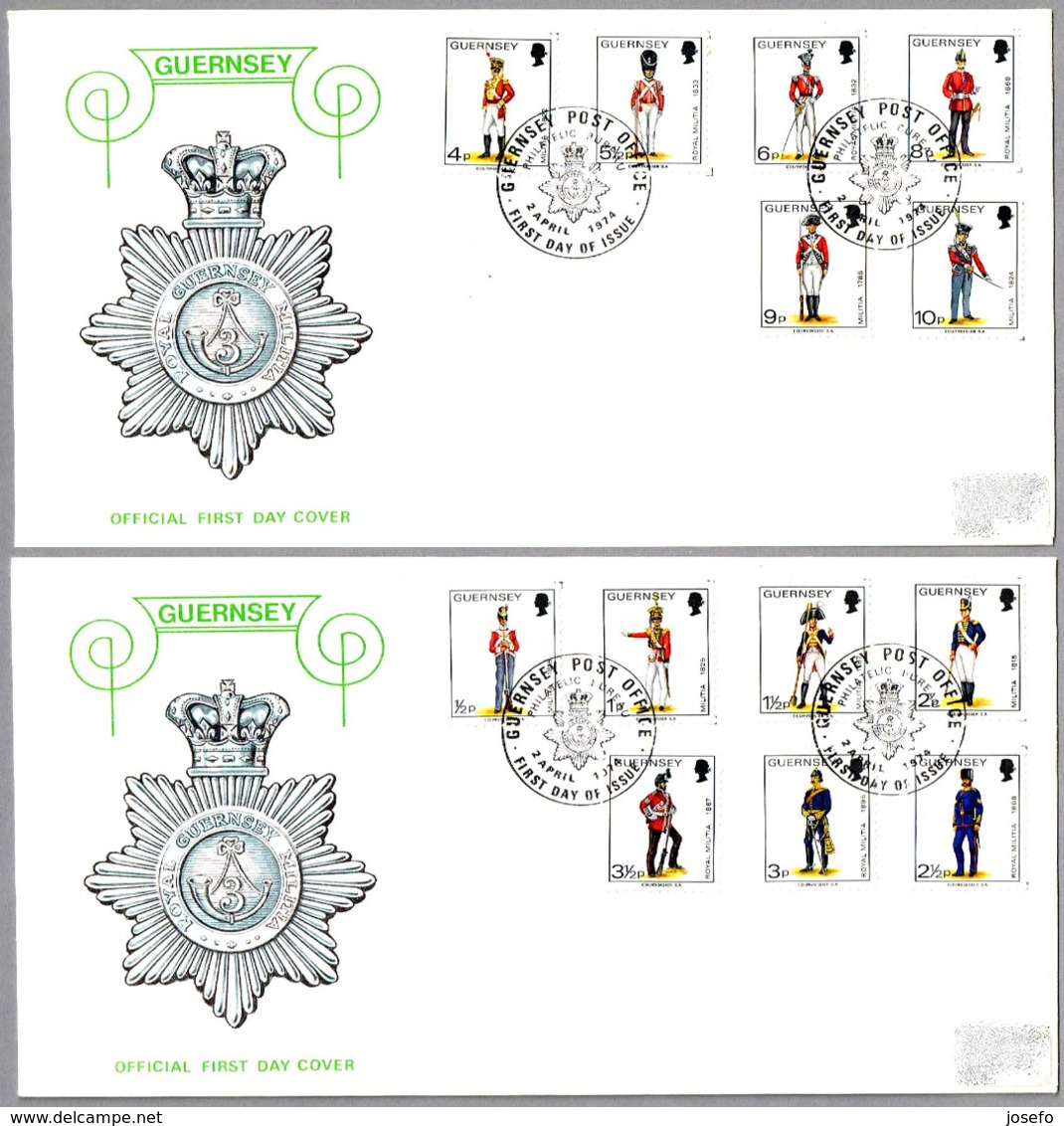 UNIFORMES MILITARES - UNIFORMS OF THE GUERNSEY MILITIA. Emision 2-Abr-1974. SPD/FDC Guernsey 1974 - Militaria