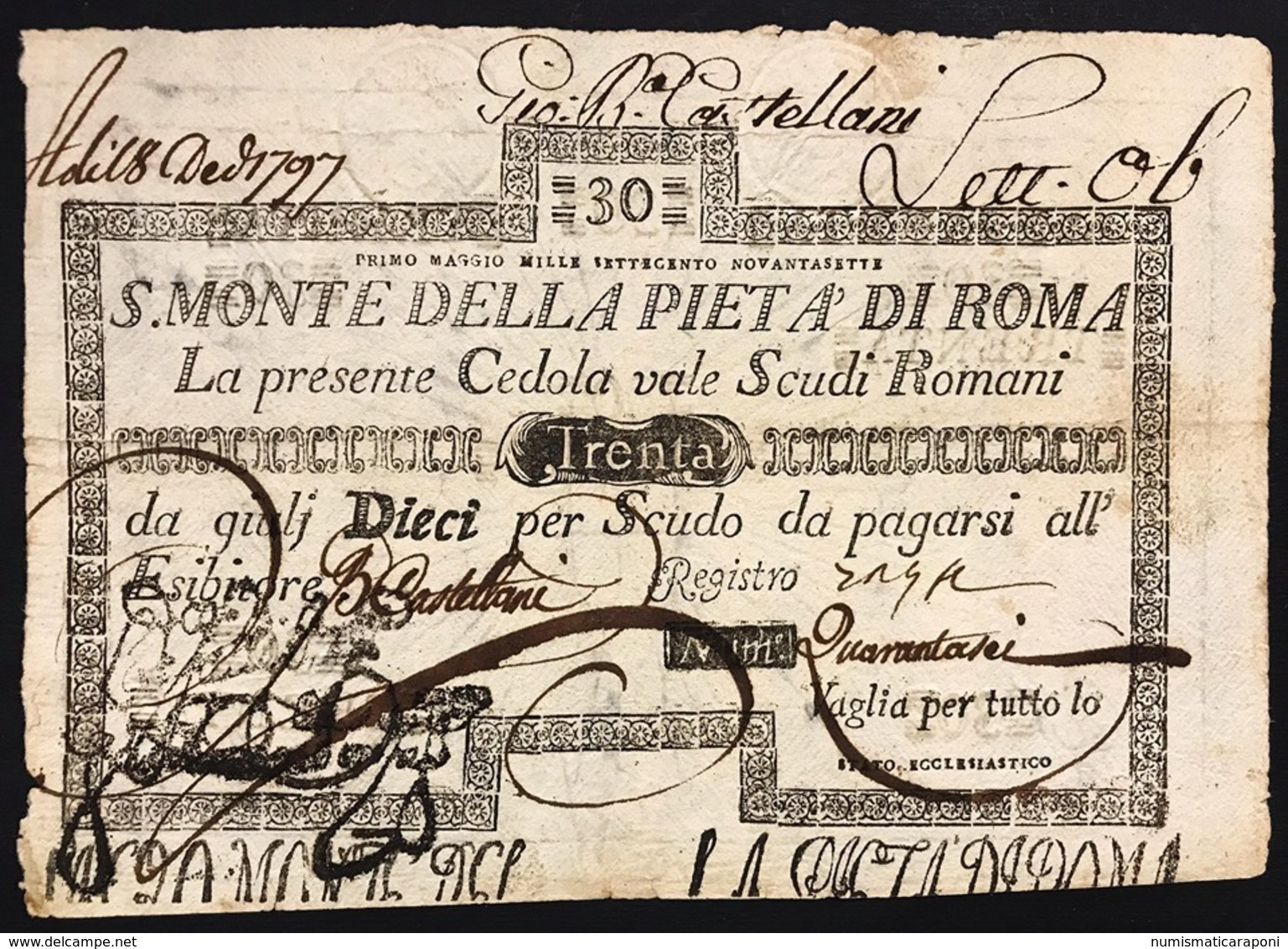 Stato Pontificio Cedola Da 30 Scudi Sacro Monte Della Pietà Di Roma  01 05 1797 Bel Bb+ Naturale Lotto.2898 - Altri & Non Classificati