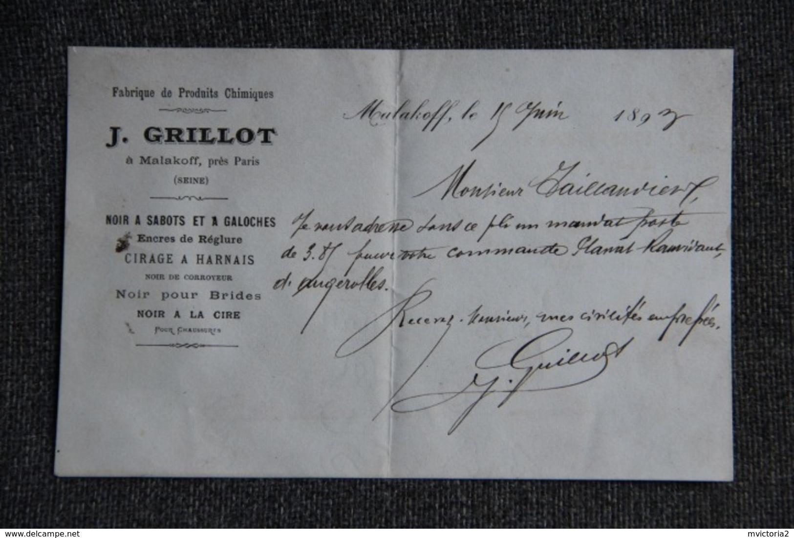 Facture Ancienne - MALAKOFF, J.GRILLOT, Fabrique De Produits Chimiques, Noir à Sabots Et Galoches, Cirage à Harnais. - 1800 – 1899