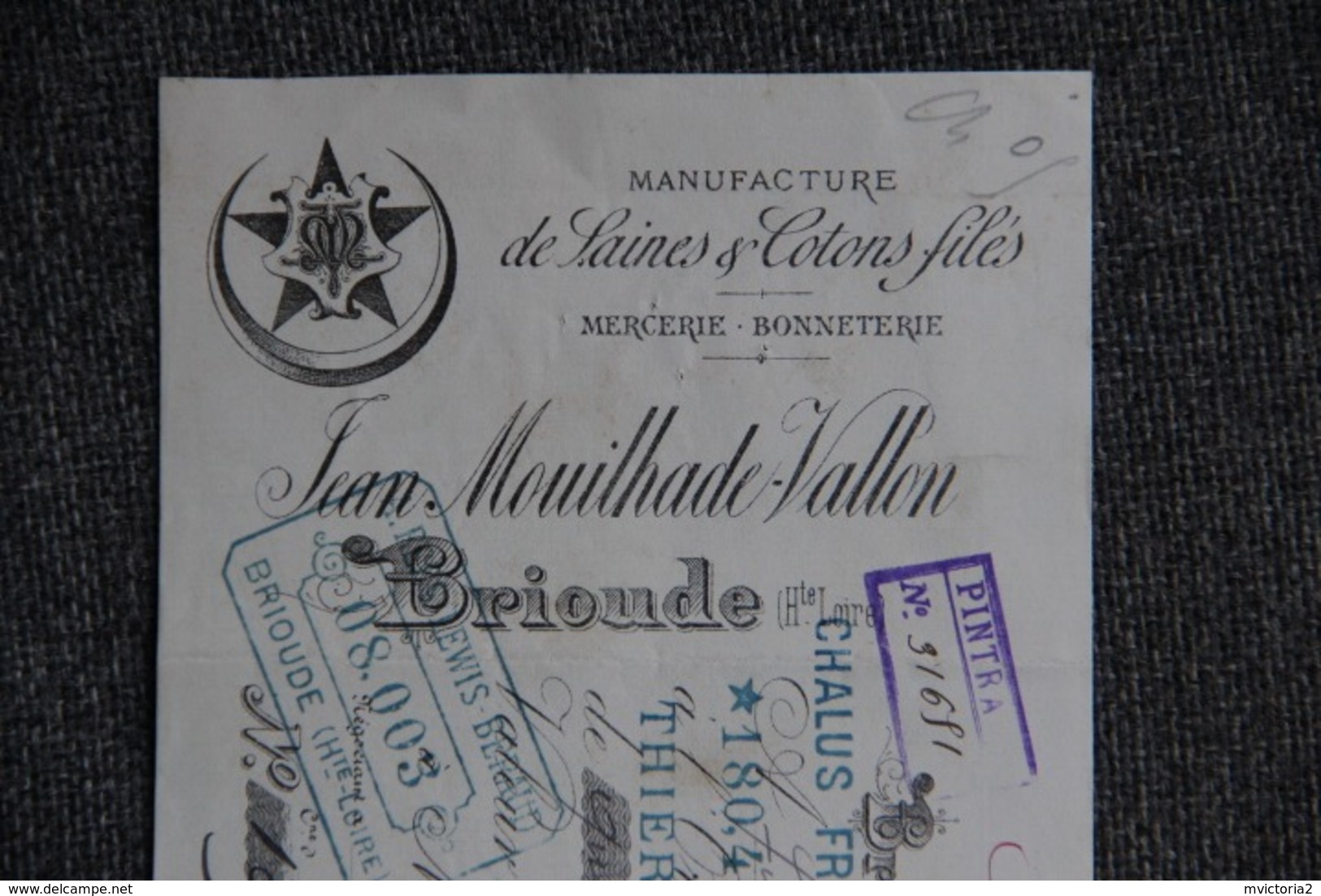 Lettre De Change : BRIOUDE,Jean MOUILHADE - VALLON, Manufacture De Laines Et Cotons Filés. - Lettres De Change