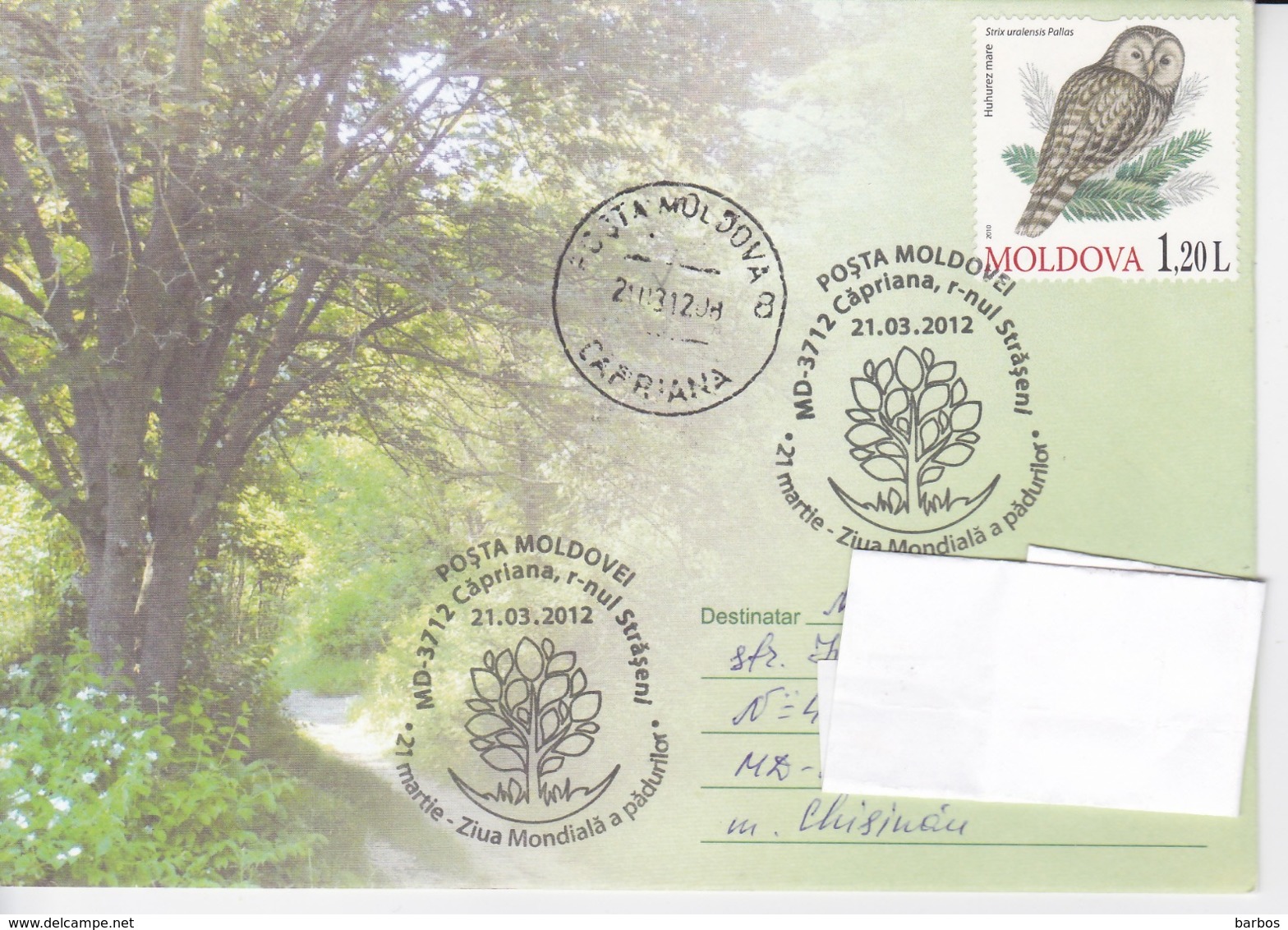 MOLDOVA   MOLDAVIE   MOLDAWIEN  MOLDAU ,  2012 , World Forestry Day , Owls ,  Special Cancell. .Used Cover. - Sonstige & Ohne Zuordnung