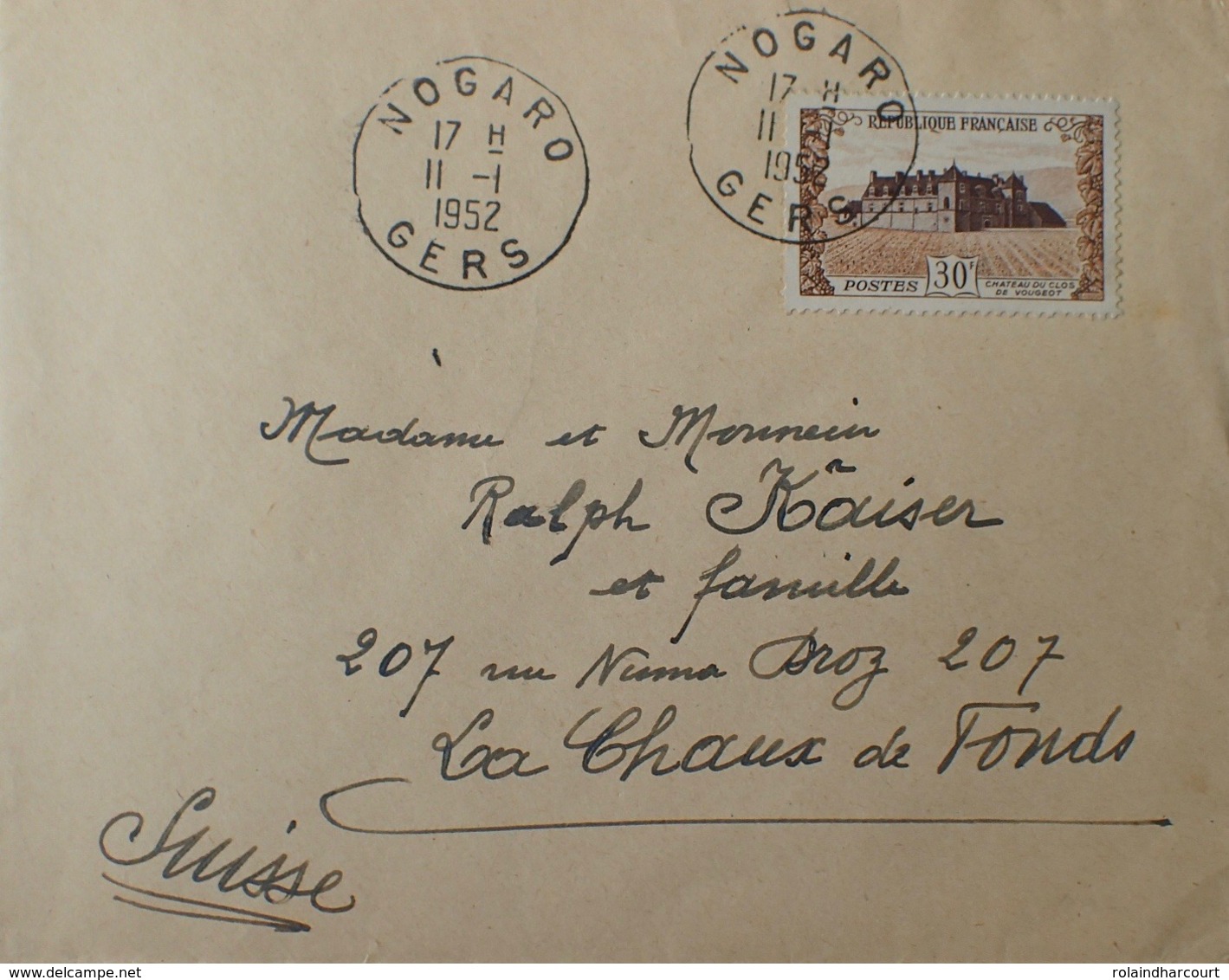 R1949/1023 - 1952 - CHATEAU Du CLOS De VOUGEOT N°913 Sur ✉️ Pour La Suisse + N°49 Timbre De Bienfaisance Des PTT (verso) - Lettres & Documents