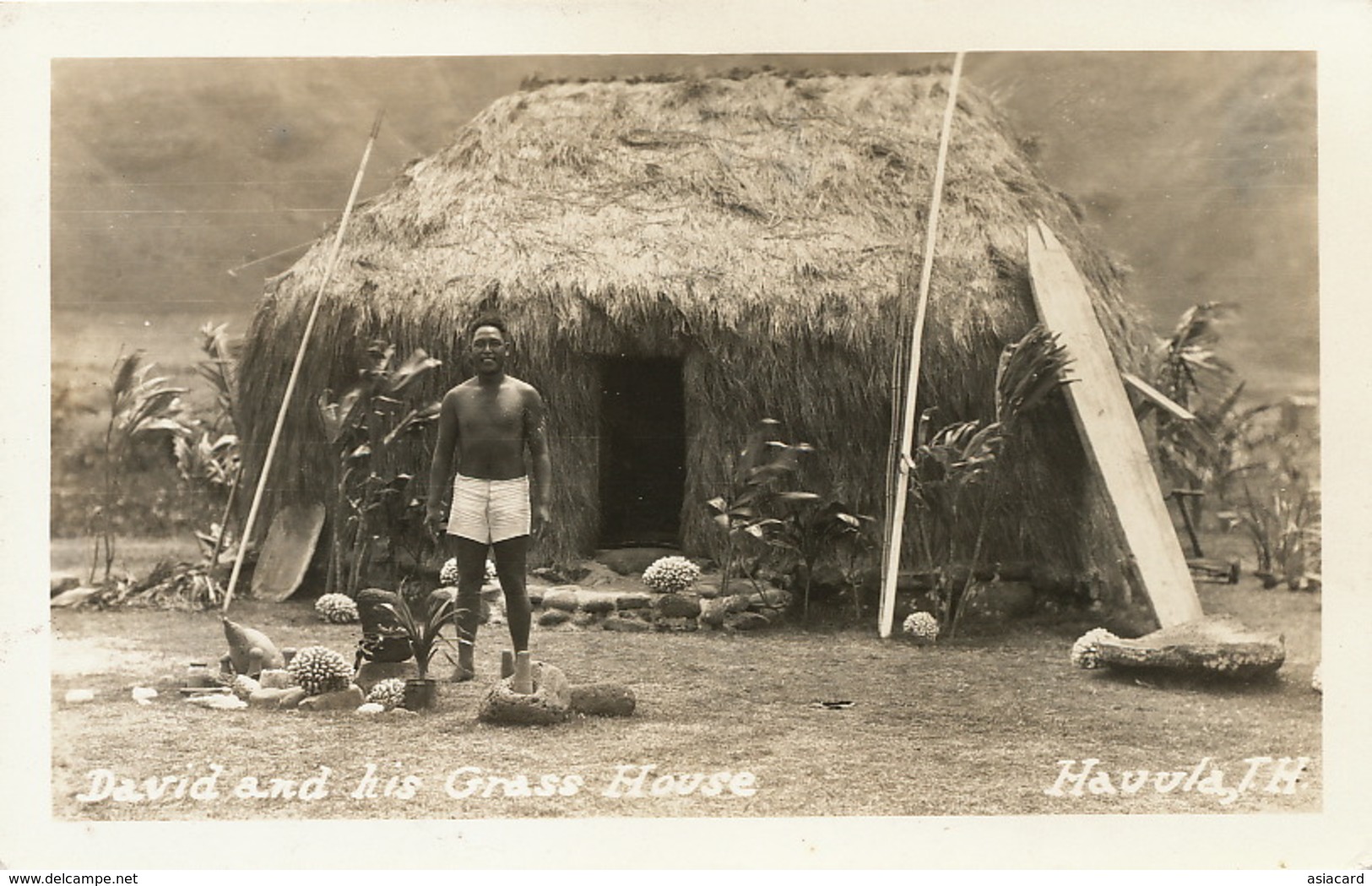 Real Photo Haaula David And His Grass House . Nude Native  Surf Board Surfing - Oahu