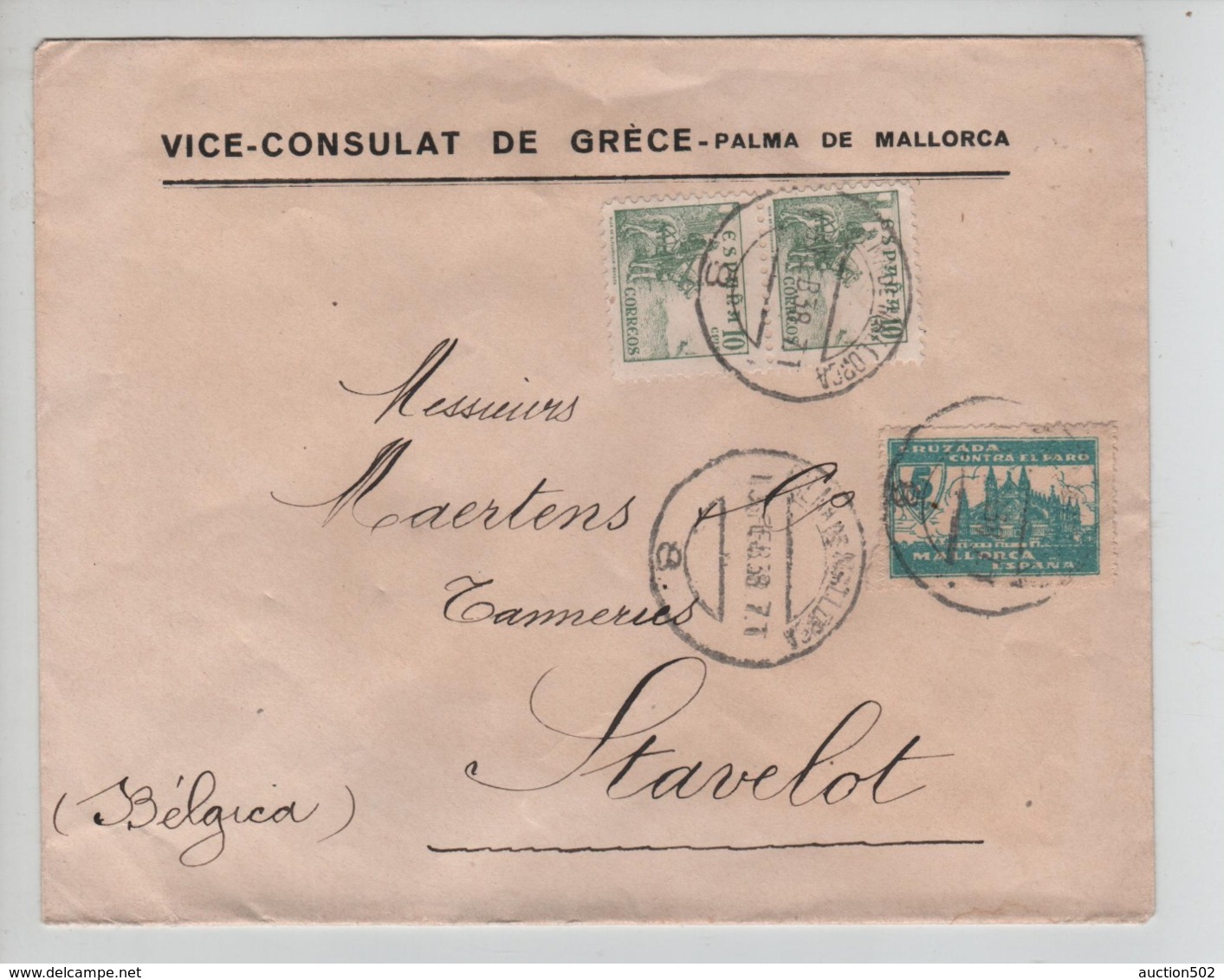PR7315/ Spain Covrer Vice-Consulat De Grèce Palma De Mallorca 1938 > Belgique Stavelot - Lettres & Documents