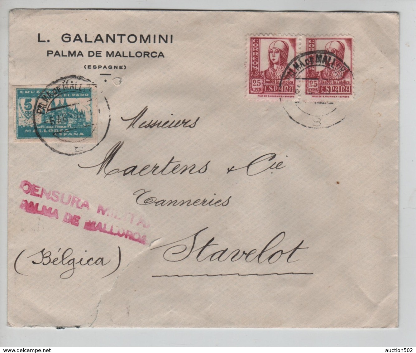 PR7318/ Spain Cover Galantomini Palma De Mallorca 1938 Censura Militar Palma De Mallorca > Stavelot Belgium - Lettres & Documents