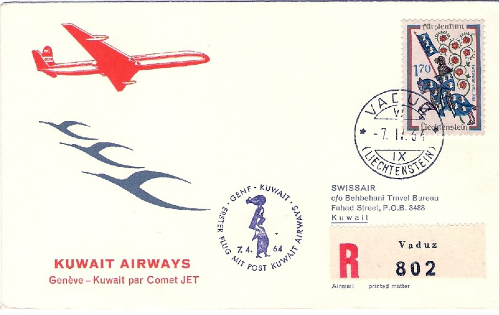 1964-Liechtenstein Aerogramma Raccomandato Vaduz Kuwait - Posta Aerea