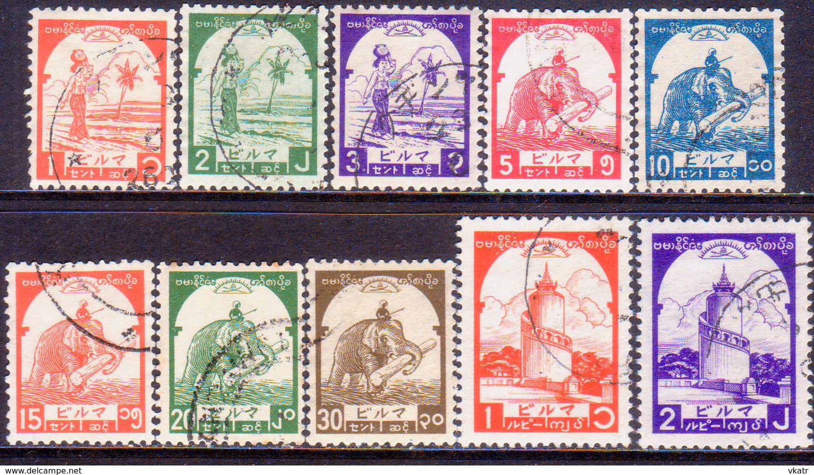 JAPANESE OCCUPATION OF BURMA 1943 SG #J88-97 Compl.set Used - Birmania (...-1947)