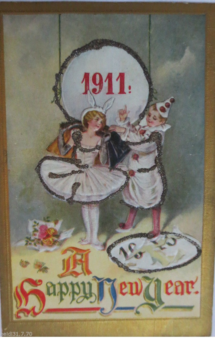 "Neujahr, Harlekin, Jahreszahl" 1911, Glitzerprägekarte ♥ (6564) - Anno Nuovo