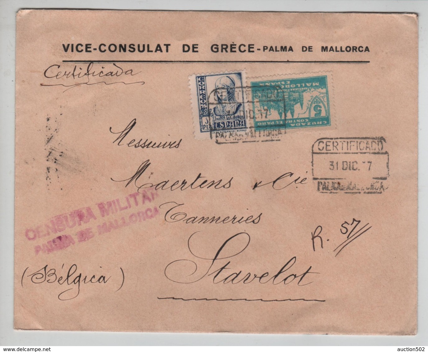 PR7319/ Spain Registered Cover C.Palma Mallorca 1937 Vice Consulat De Grèce Censura Militar Palma Mallorca > Belgium - Lettres & Documents