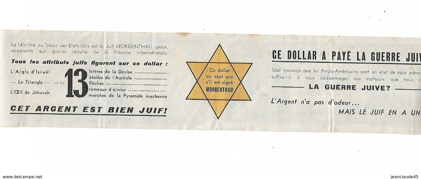 DOCUMENT ANTISEMITE FAUX BILLET DE 1 DOLLAR  AVEC PUB ANTISEMITE A L INTERIEUR 39 45 - Historical Documents