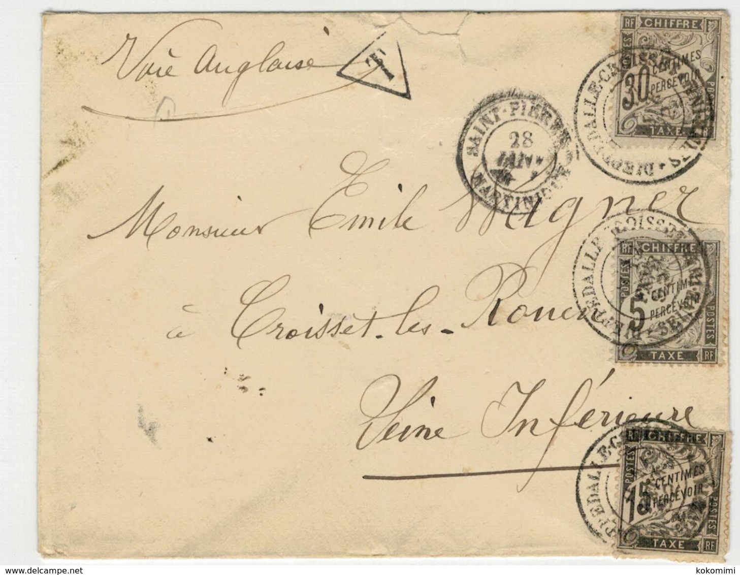 Lsc De SAINT PIERRE MARTINIQUE   Pour Le CROISSET Taxée 50 C. Avec 30 C. + 15 C. + 5 C. Noirs - 1859-1959 Storia Postale