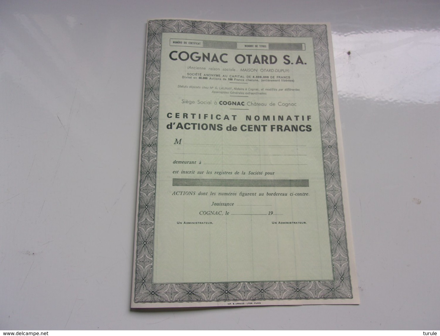 COGNAC OTARD S. A. (chateau De Cognac , Charente) Certificat D'actions De 100 Francs - Autres & Non Classés