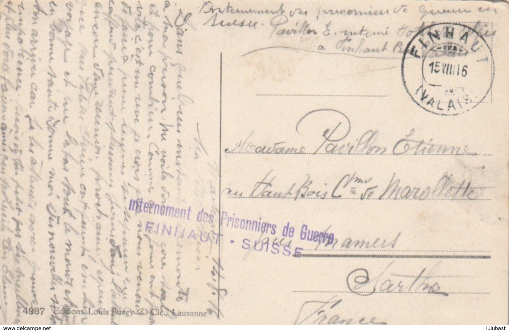 CPA De Martigny En FM - TTB Cachet " Internement Des Prisonniers De Guerre / FINHAUT - SUISSE." Pour Marolette (Sarthe) - WW I