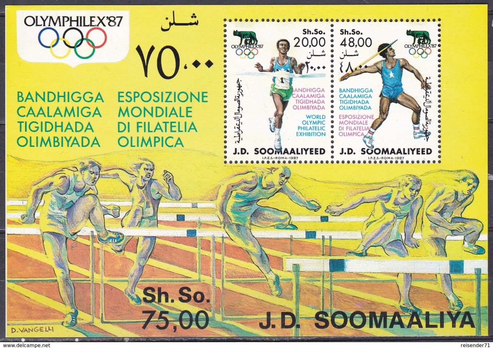 Somalia 1987 Sport Spiele Olympia Olympics IOC Philatelie Philately Stamp Exhibition OLYMPHILEX Rom Laufen, Bl. 23 ** - Somalia (1960-...)