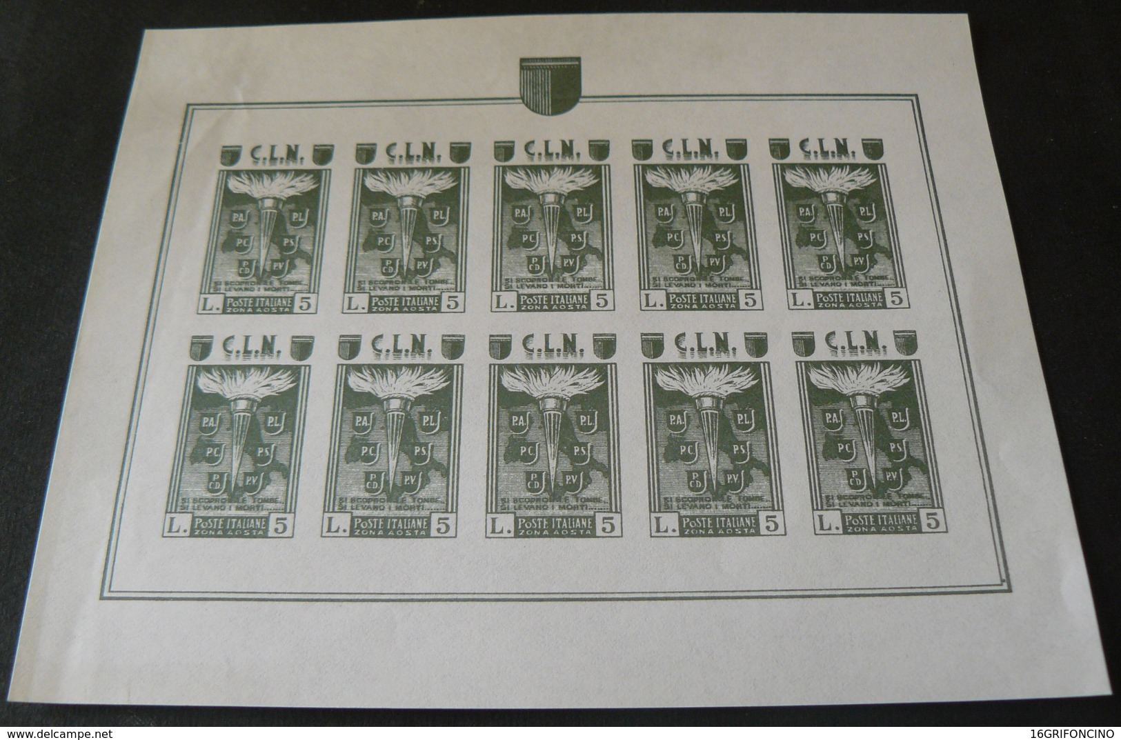 1944 _C.L.N AOSTA _COMPLETE SET 10 NEWS STAMPS OF 5 LIRE _MINIFOGLIO INTEGRO DI 10 FRANCOBOLLI 5 LIRE - National Liberation Committee (CLN)