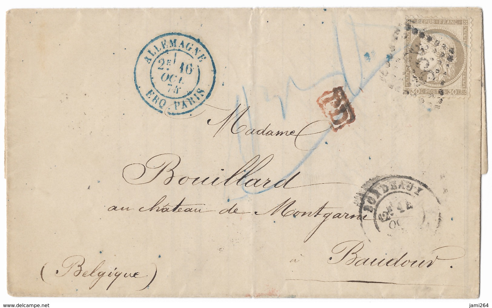 TIMBRE  N°56 CÉRÈS SUR LETTRE ; CACHET BLEU ( ALLEMAGNE) PD En ROUGE ; RARE ;TTB - 1871-1875 Ceres