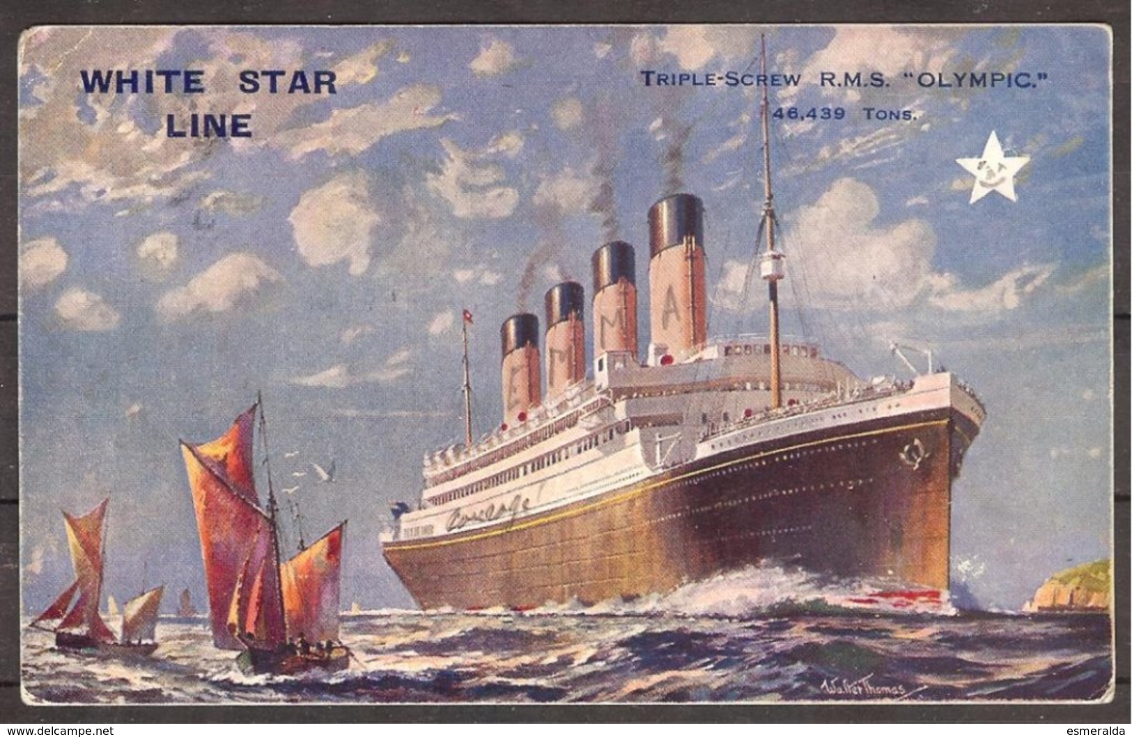 CP Illustrateur : Walter Thomas-Voiliers+White Star Line :Triple-Screw R.M.S. "OLYMPIC" Circulé+cachet Paquebot 1929 - Piroscafi