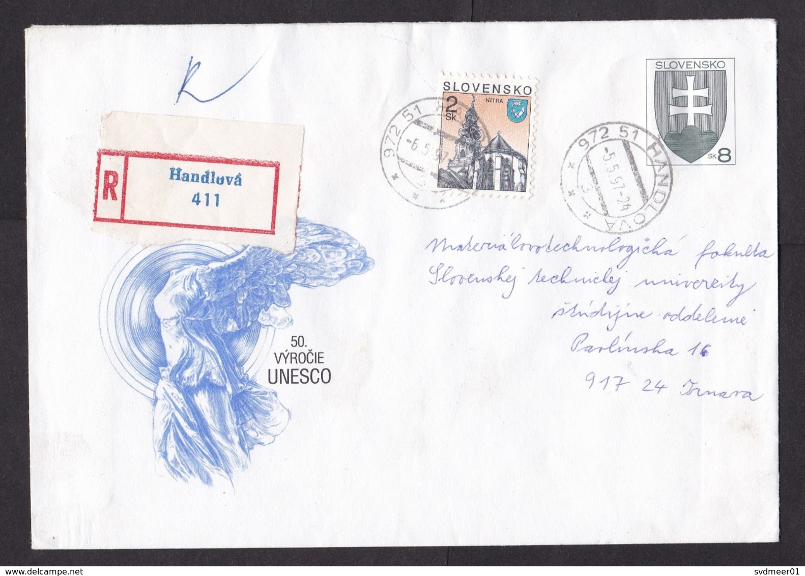 Slovakia: Registered Stationery Cover, 1990s, Extra Stamp, UNESCO, Angel Statue, R-label Handlova (minor Discolouring) - Lettres & Documents