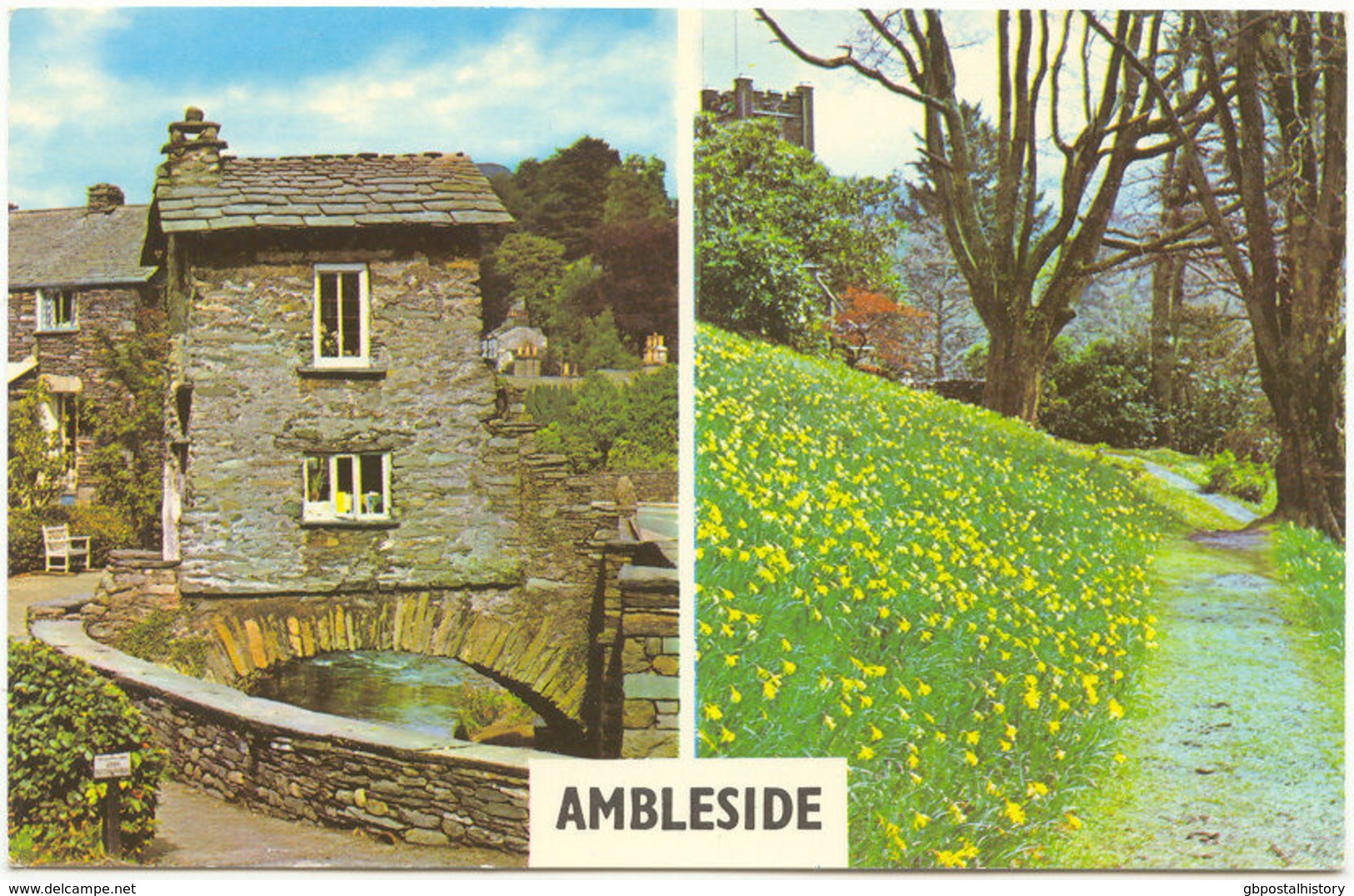 UK AMBLESIDE 1970 Mint Coloured Postcard, The Old Bridge House & Dora's Field - Ambleside