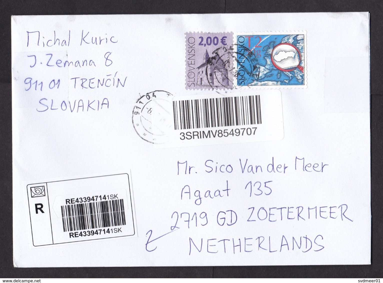 Slovakia: Registered Cover To Netherlands, 2018, 2 Stamps, Castle, Map, R-label Without Town Name (traces Of Use) - Brieven En Documenten