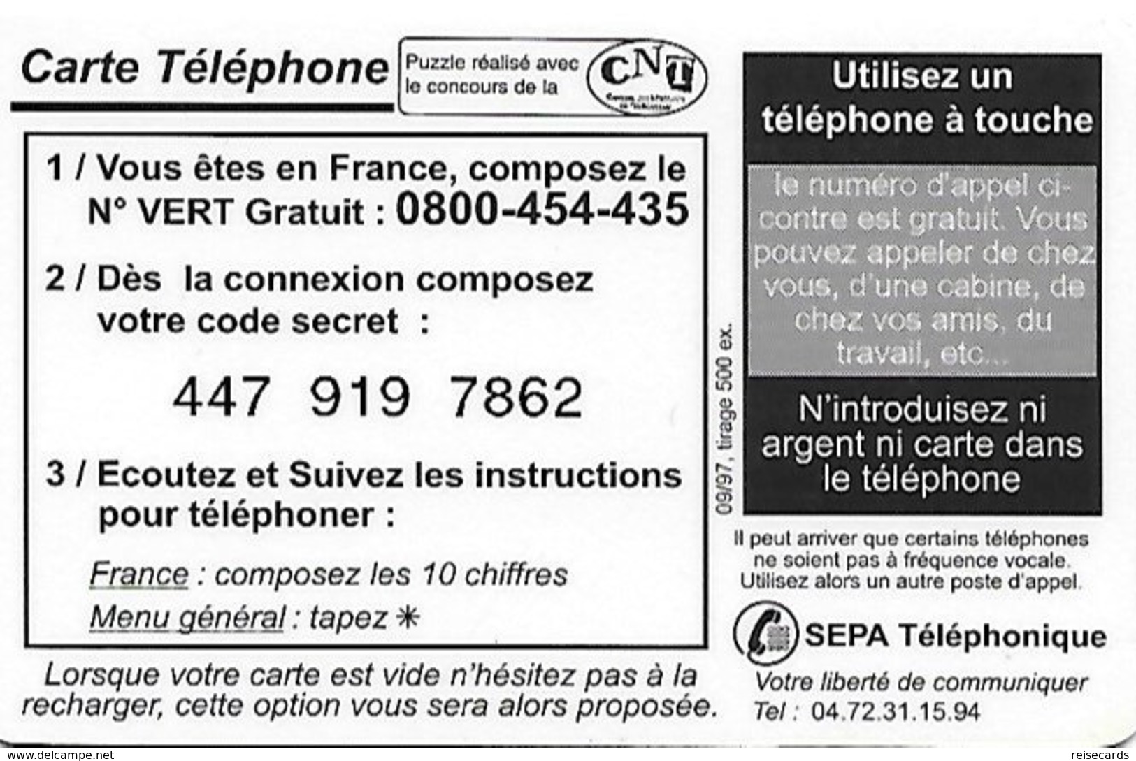 France: SEPATel - TélécarteExpo Paris 1997, Place De La Bastille (Puzzle 3) - Sonstige & Ohne Zuordnung