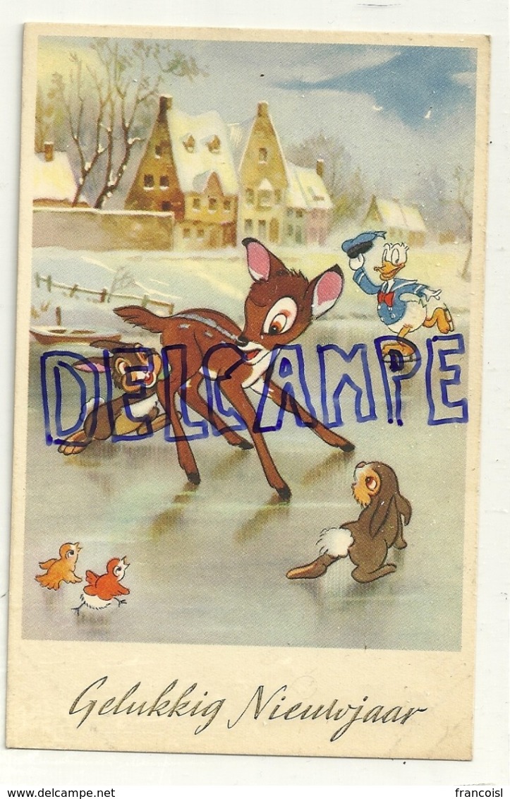 Gelukkig Nieuwjaar. Bambi, Panpan Et Donald Sur Un Lac Gelé. 1954. Coloprint 53729/2 - Autres & Non Classés