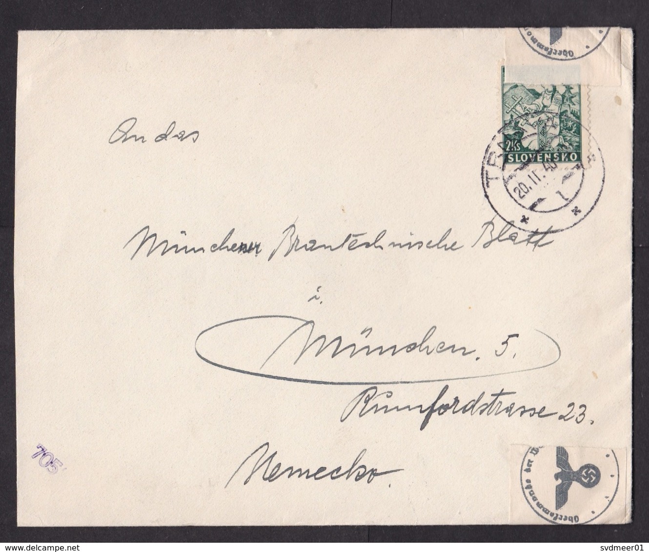 Slovakia: Cover To Germany, 1940, 1 Stamp, Censored, Early German Censor Tape, World War 2, WW2 (traces Of Use) - Briefe U. Dokumente