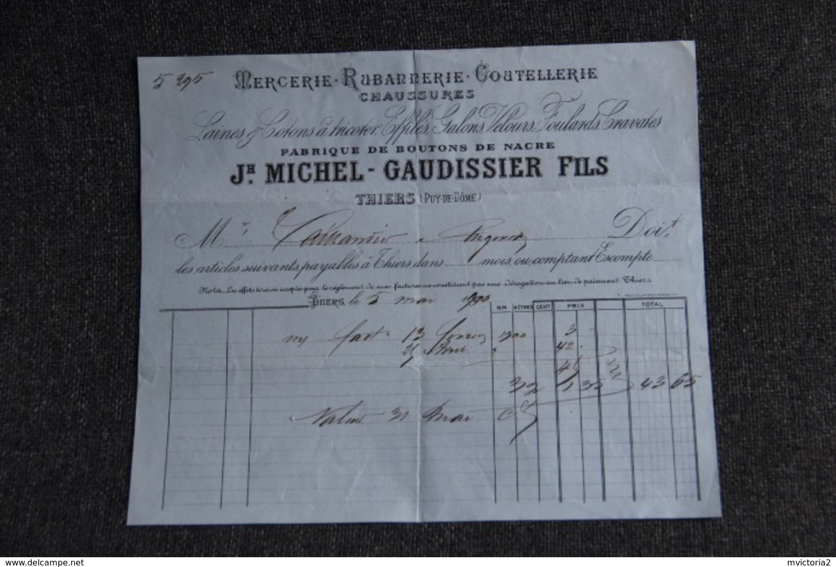 Facture Ancienne - THIERS, J.MICHEL, GAUDISSIER Fils, Coutellerie, Mercerie, Rubannerie, Chaussures. - 1800 – 1899