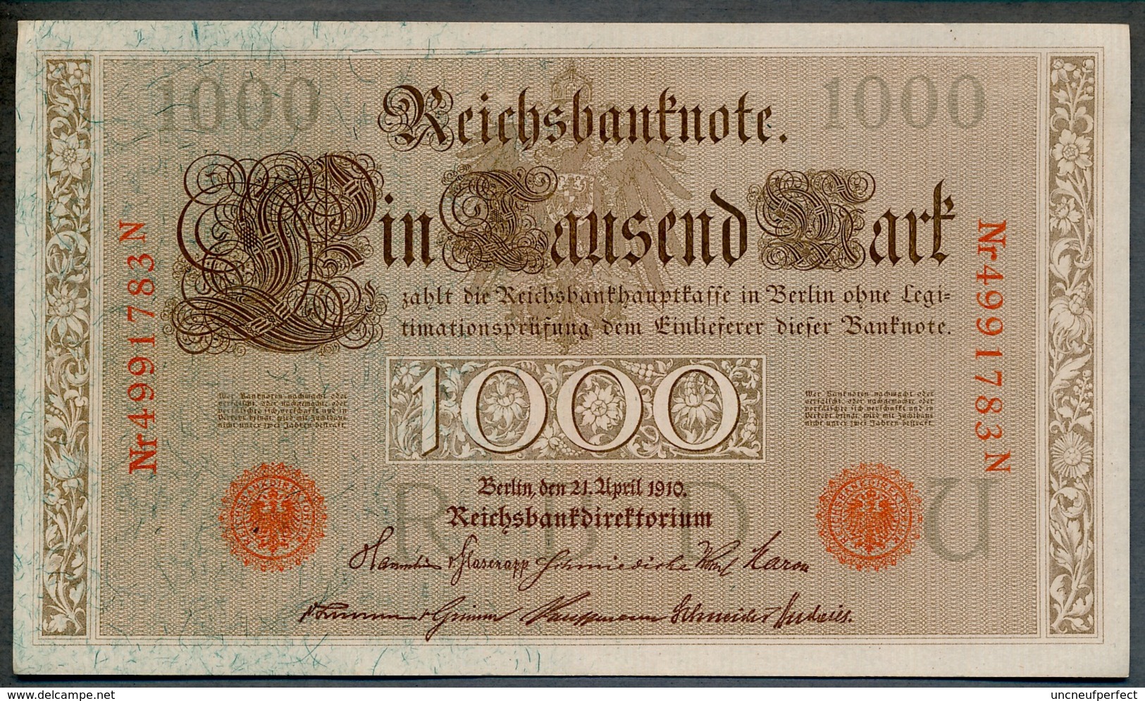 P44b Ro 45c DEU-40c  7 Chifres N°4991783N *** UNC NEUF *** Lettre  U  1000 Mark 1910 - 1.000 Mark