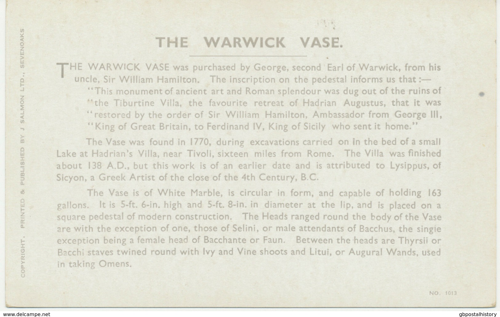 UK WARWICK The Warwick Vase Ca. 1920, VFU Unused Arts Card - Warwick