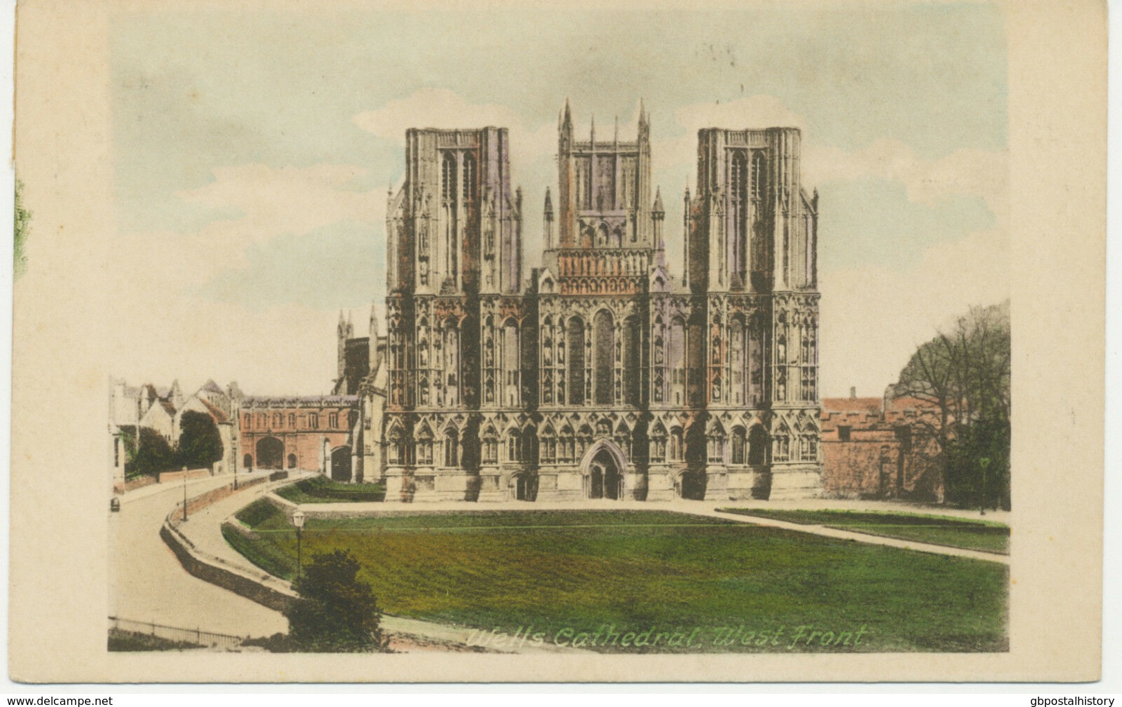 UK WELLS Cathedral West Front VFU Unused Handcoloured Postcard, Ca. 1910 - Wells