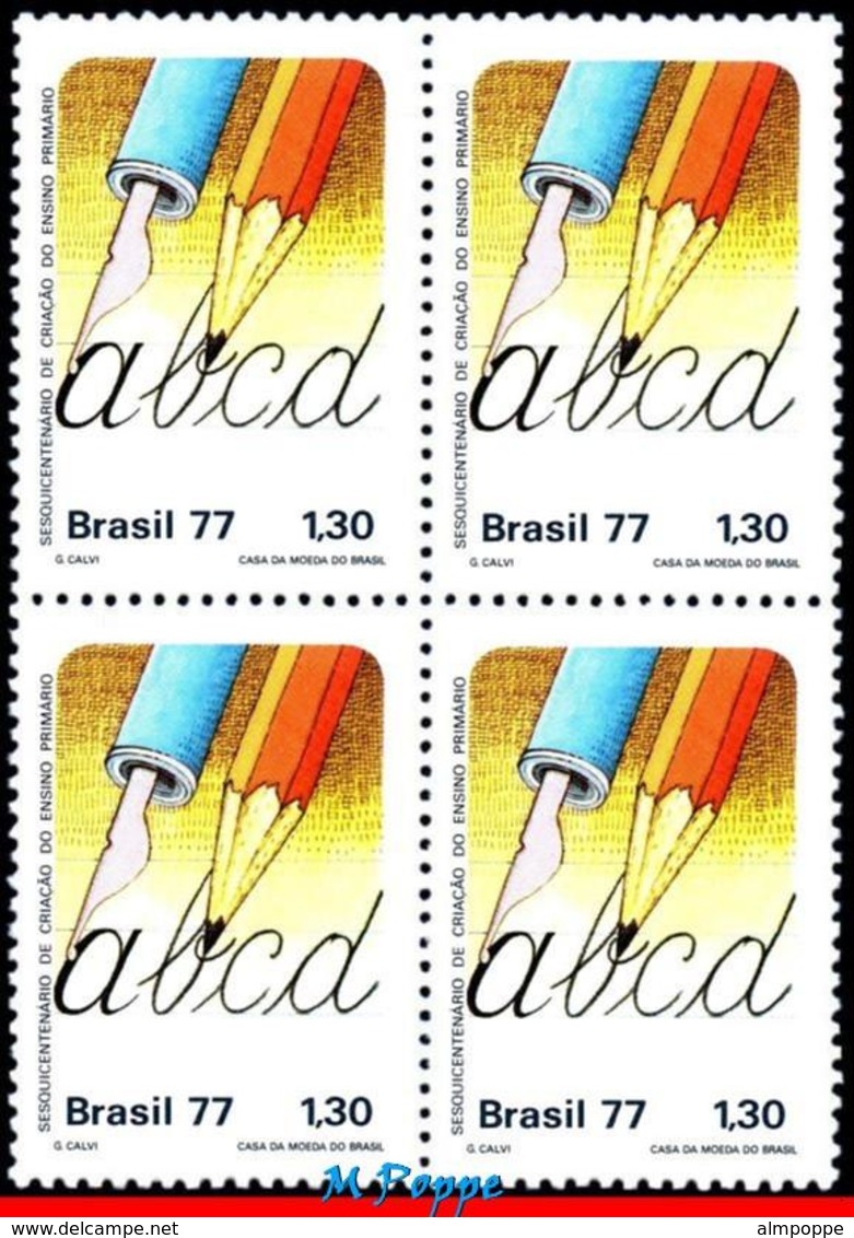 Ref. BR-1528-Q BRAZIL 1977 EDUCATION, PRIMARY EDUCATION,, PEN, PENCIL, MI# 1620, BLOCK MNH 4V Sc# 1528 - Blocks & Sheetlets