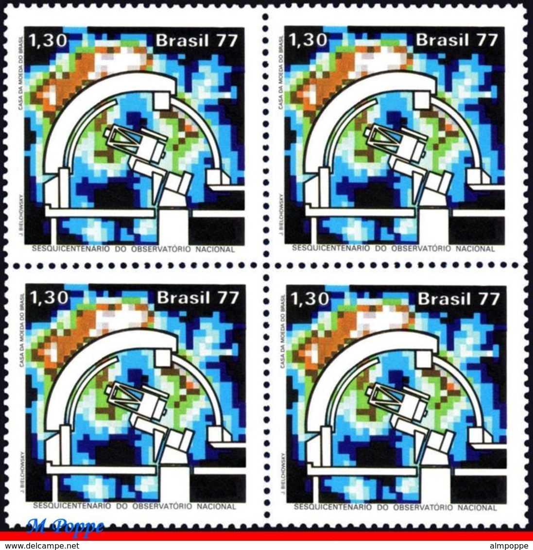 Ref. BR-1529-Q BRAZIL 1977 ASTRONOMY, ASTROPHYSICS OBSERVATORY,, TELESCOPE, MI# 1621, BLOCK MNH 4V Sc# 1529 - Astronomie