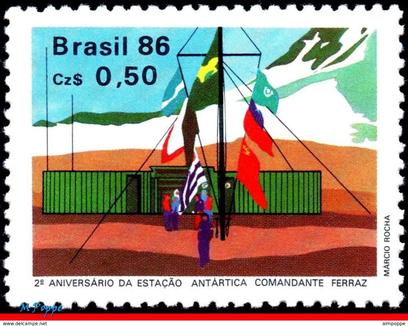 Ref. BR-2044 BRAZIL 1986 FLAGS, COMM. FERRAZ, ANTARCTIC, STATION, 2ND ANNIV., MI# 2168, MNH 1V Sc# 2044 - Bases Antarctiques