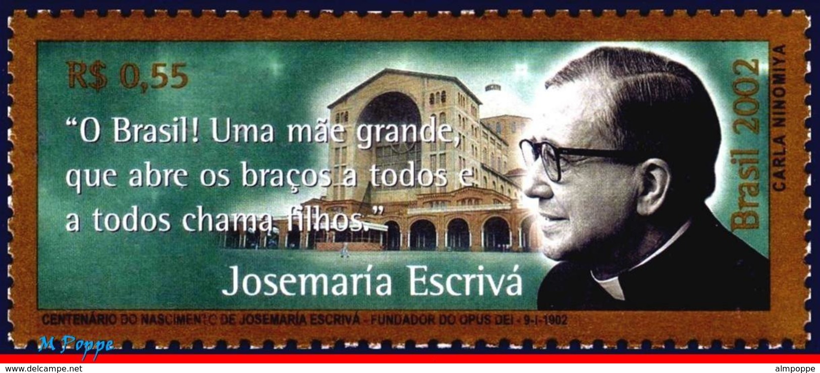 Ref. BR-2842 BRAZIL 2002 FAMOUS PEOPLE, JOSEMARIA ESCRIVA,, BALAGUER, OPUS DEI, MI# 3230, MNH 1V Sc# 2842 - Ungebraucht