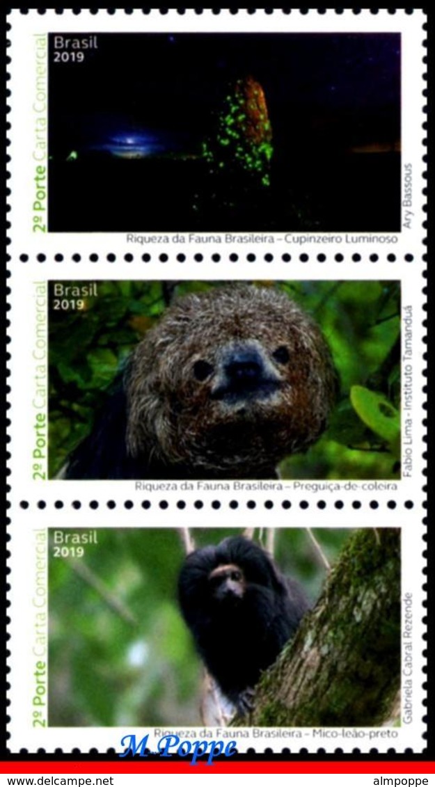 Ref. BR-V2019-22 BRAZIL 2019 ANIMALS, FAUNA, BRAZILIAN FAUNAL RICHNESS, , INSECTS, MONKEY, MANED SLOTH, MNH, 3V - Altri & Non Classificati