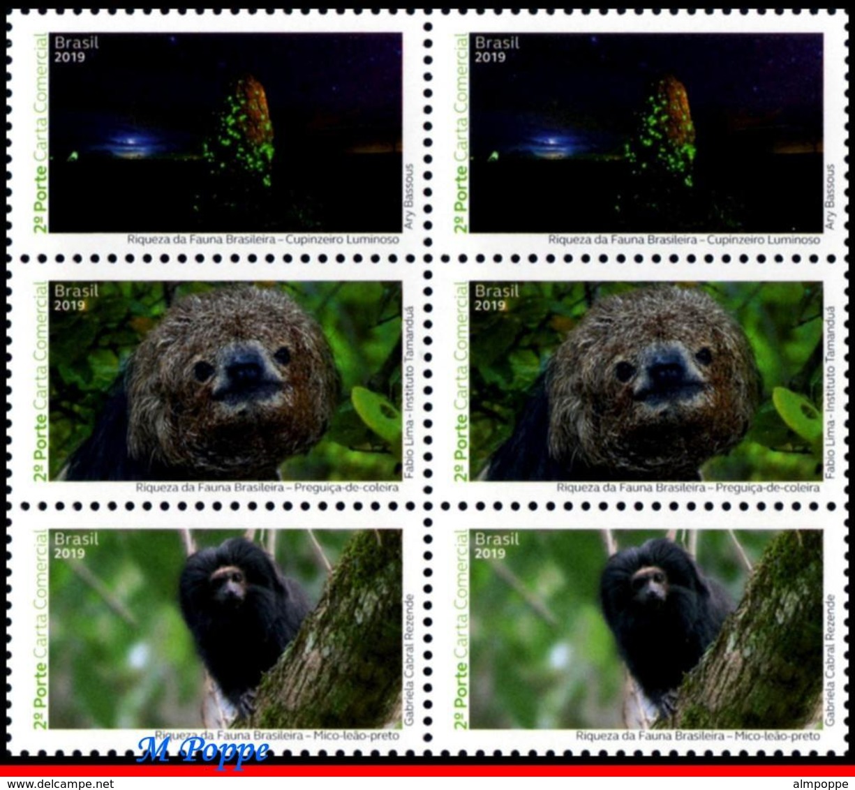 Ref. BR-V2019-22-B BRAZIL 2019 ANIMALS, FAUNA, BRAZILIAN FAUNAL RICHNESS, , INSECTS, MONKEY, MANED SLOTH.BLOCK MNH, 6V - Autres & Non Classés