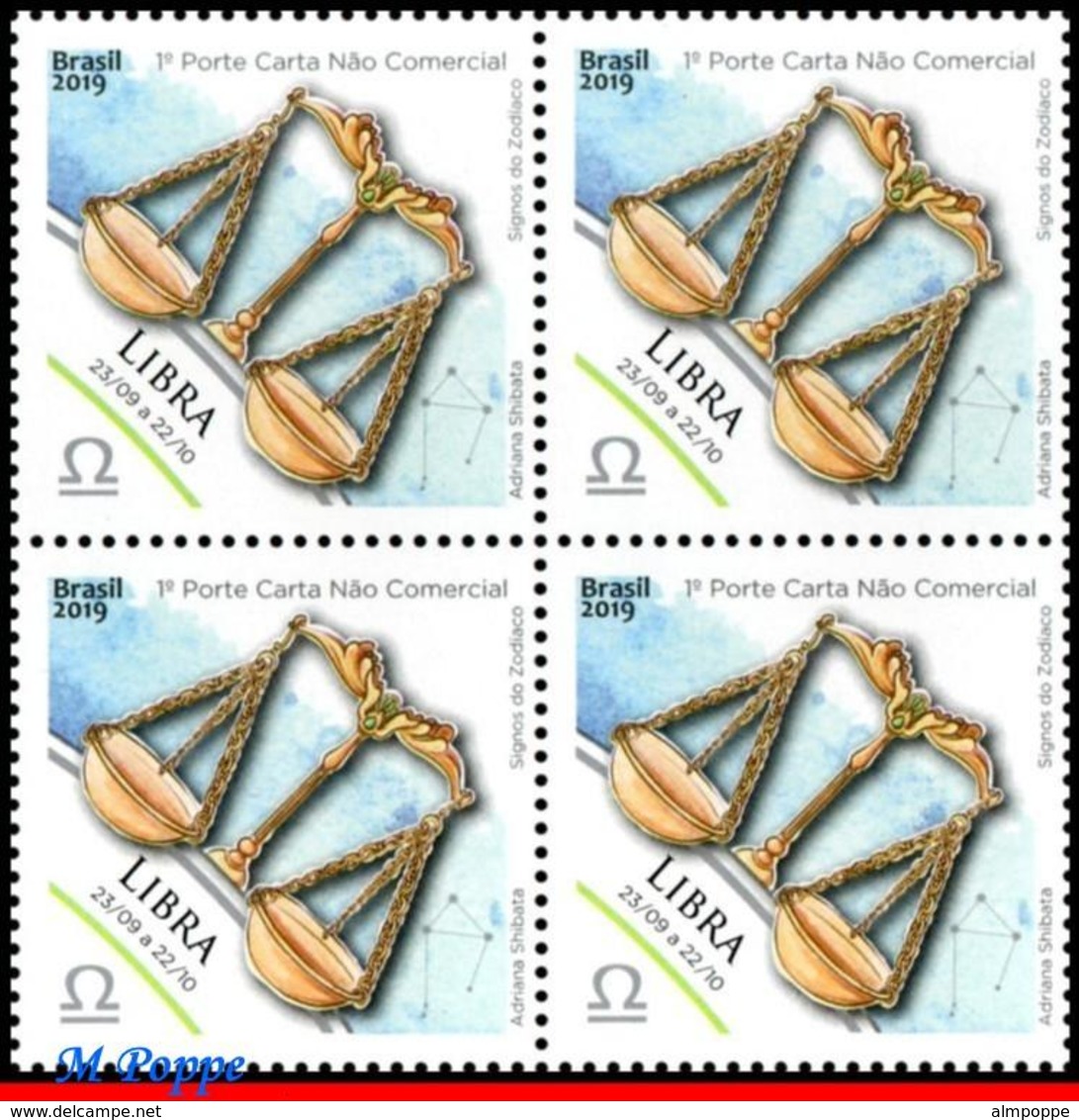 Ref. BR-V2019-23-Q BRAZIL 2019 - ASTROLOGY, ZODIAC SIGNS, LIBRA, 7TH, ISSUE, CONSTELLATION OF LIBRA, BLOCK MNH,4V - Unused Stamps