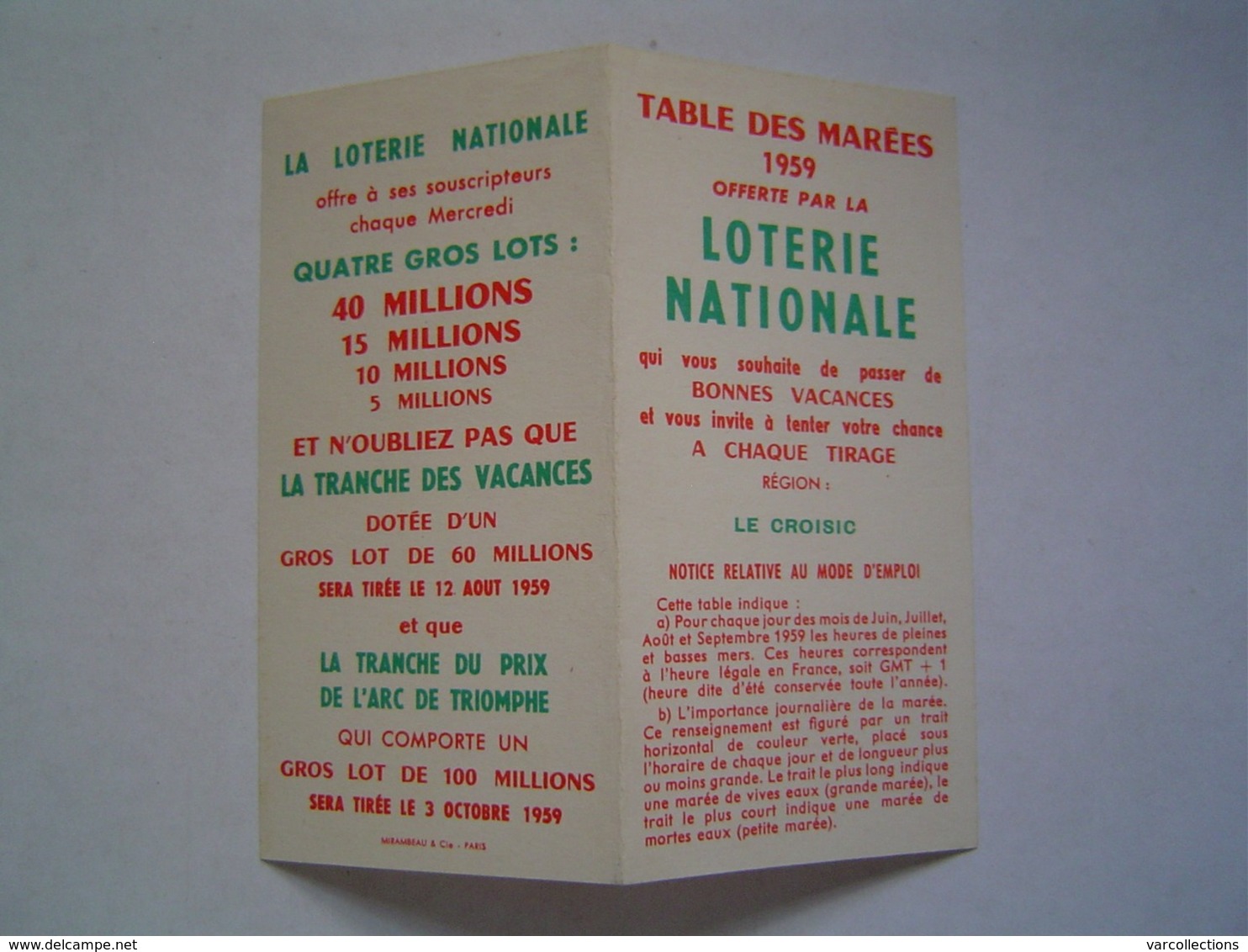 DEPLIANT TOURISME PUBLICITE LOTERIE NATIONALE : TABLE DES MAREES / LE CROISIC / BRETAGNE 1959 - Toeristische Brochures