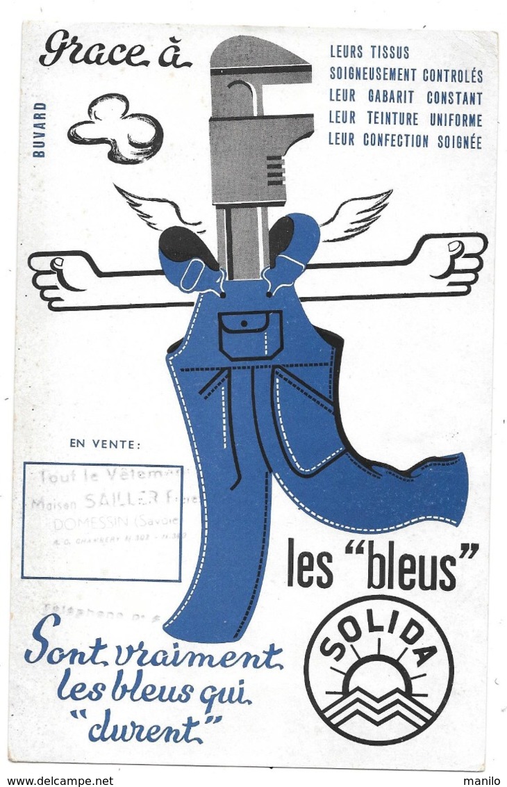 Buvard Années 50 Offert Par LES "BLEUS SOLIDA"  TOUT LE VETEMENT Maison  SAILLER Frères à DOMESSIN (Savoie) - Textile & Clothing