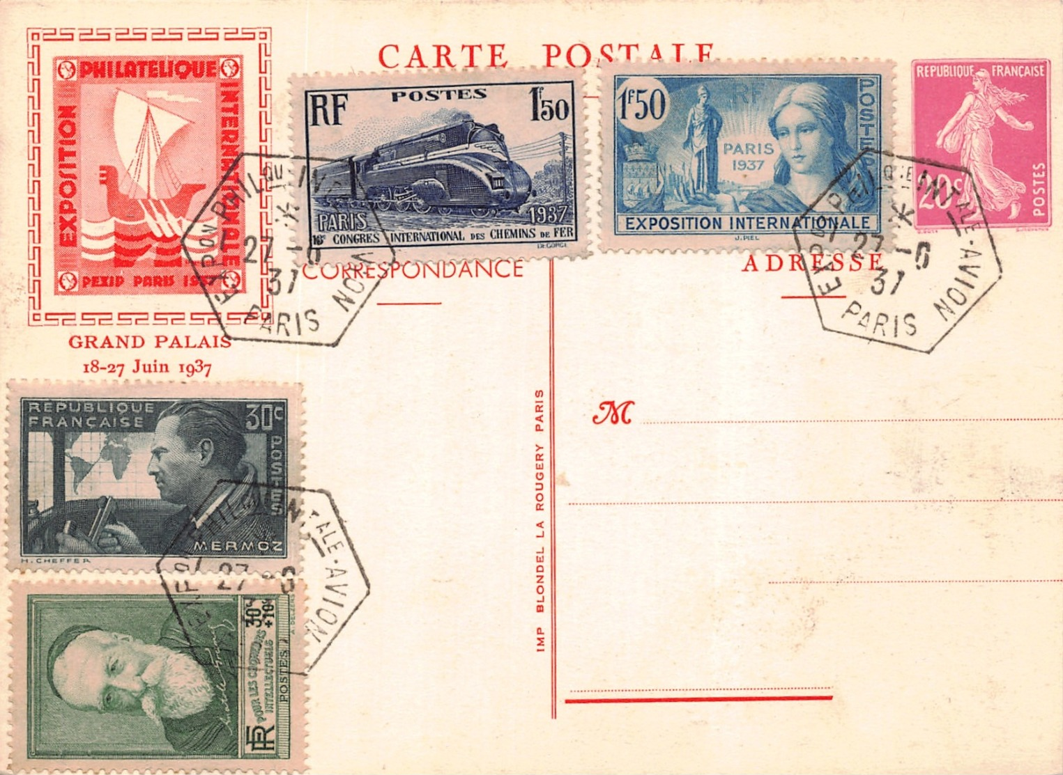 Lettre Exposition Philatélique Internationale AVION  Hexagonal Paris 25/6/1937 '(entier Semeuse 20 C ..divers Timbres ) - 1921-1960: Modern Period