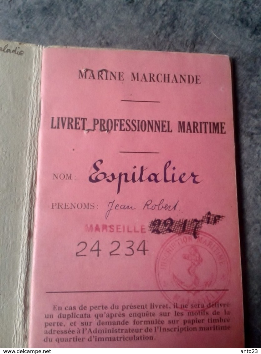 LIVRET PROFESSIONNEL DE LA MARINE MARCHANDE ESPITALIER NOMBREUX NAVIRES ET CACHET VOIR SCAN - Documents