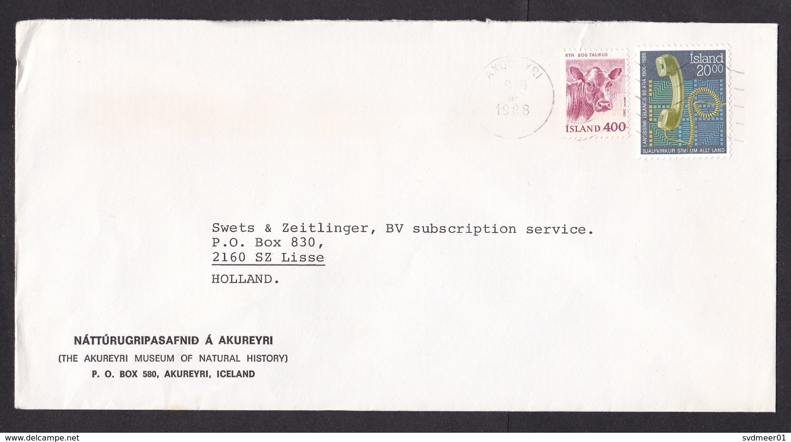 Iceland: Cover To Netherlands, 1988, 2 Stamps, Telephone, Communication, Cow (minor Damage) - Brieven En Documenten