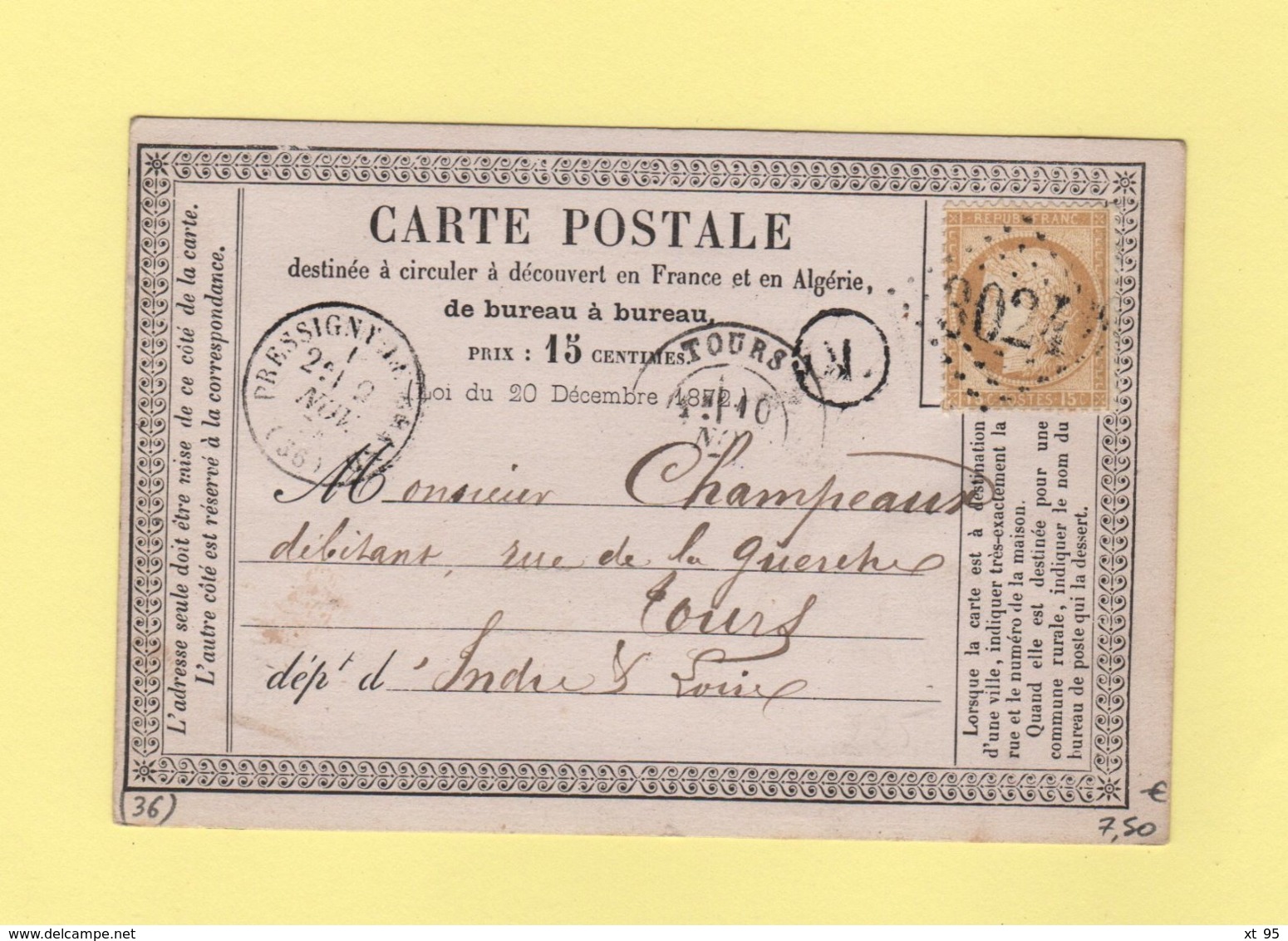 Pressigny Le Grand - 36 - Indre Et Loire - GC 3024 - 9 Nov 1874 - Carte Precurseur - 1849-1876: Klassik