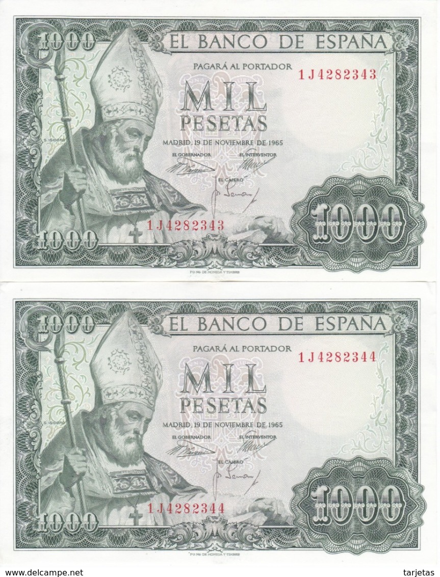 PAREJA CORRELATIVA DE 1000 PTAS DEL AÑO 1965 DE S. ISIDORO SERIE 1J CALIDAD EBC (XF) (BANKNOTE) - 1000 Pesetas