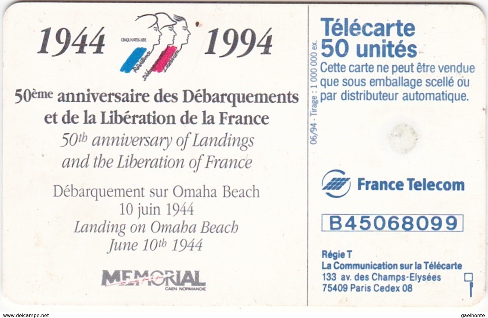 TC116 TÉLÉCARTE 50 UNITÉS - 1944-1994 - 50ème ANNIVERSAIRE DES DEBARQUEMENTS... - OMAHA BEACH 10 JUIN 1944 - Armada