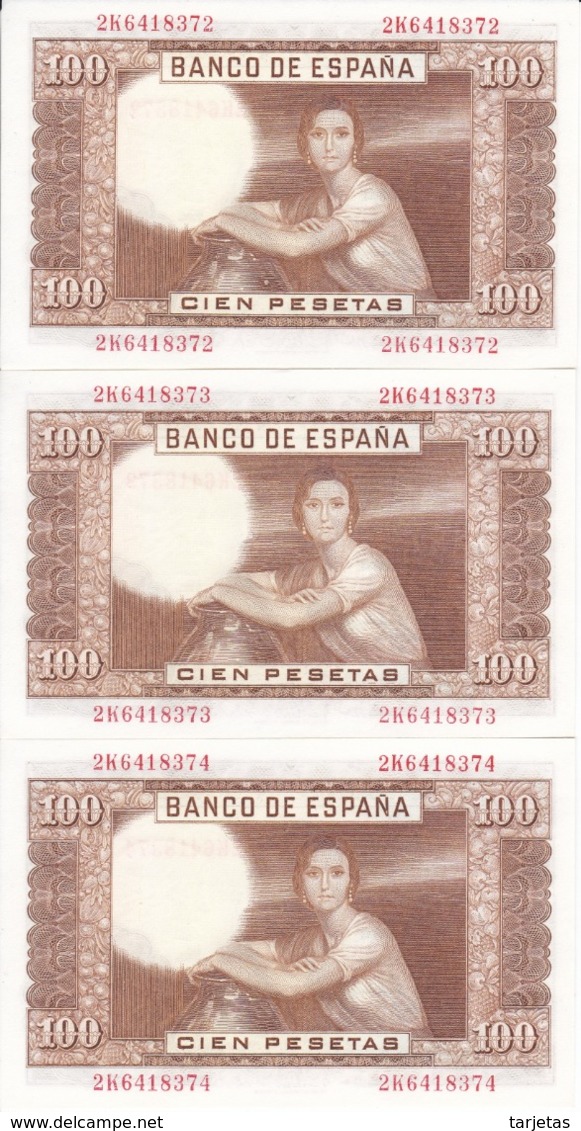 TRIO CORRELATIVO DE ESPAÑA DE 100 PTAS DEL 7/04/1953 SERIE 2K SIN CIRCULAR-UNCIRCULATED (BANKNOTE) - 100 Pesetas