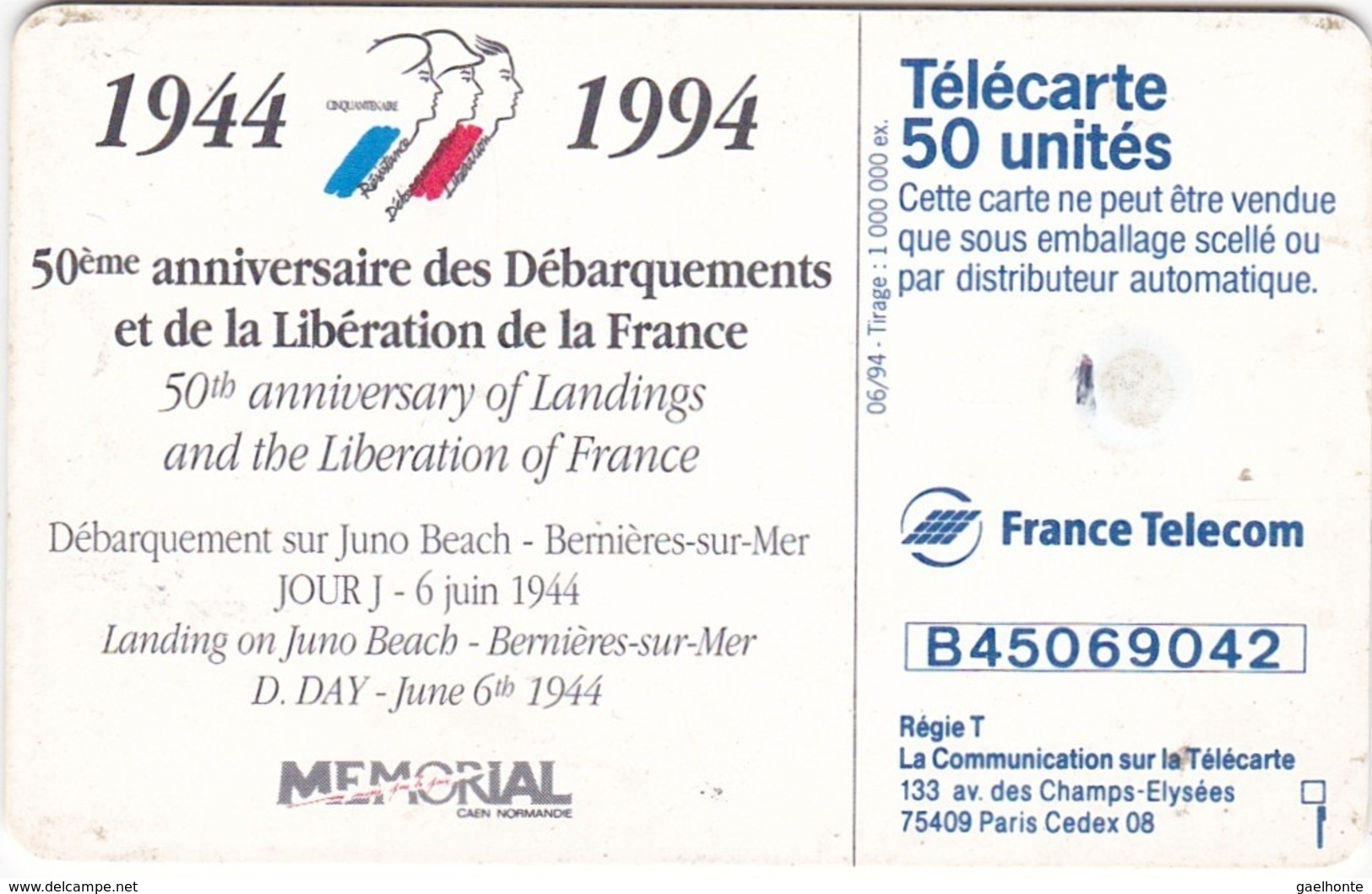 TC117 TÉLÉCARTE 50 UNITÉS - 1944-1994 - 50ème ANNIVERSAIRE DES DEBARQUEMENTS... - JUNO BEACH 06 JUIN 1944 - Armada